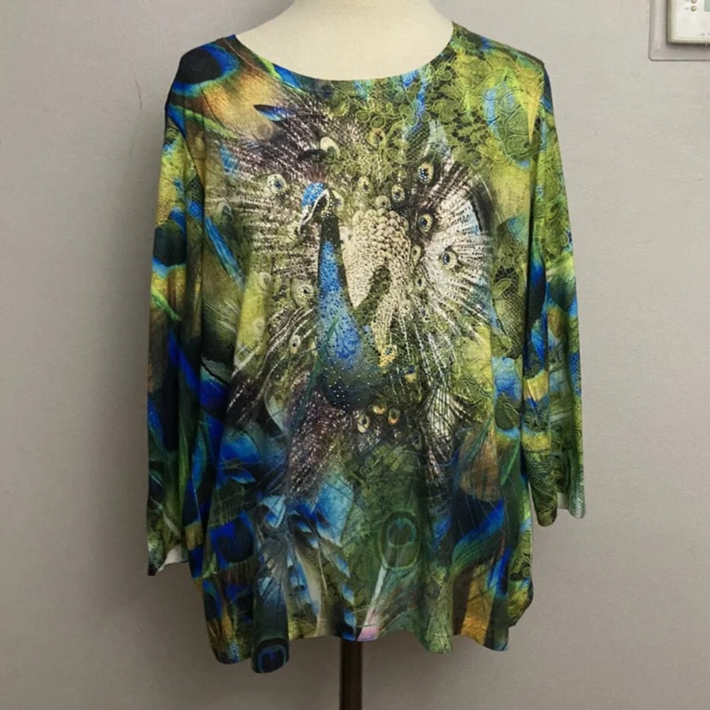 8-30 Chico's Women Top 2 Large Green Peacock Print T-Shirt Rhinestone